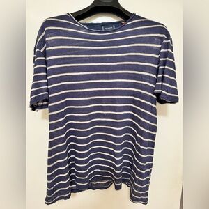 🏝️ Juan Silvestre 100% Linen Resort Wear Shirt L Navy Stripe Lightweight Knit